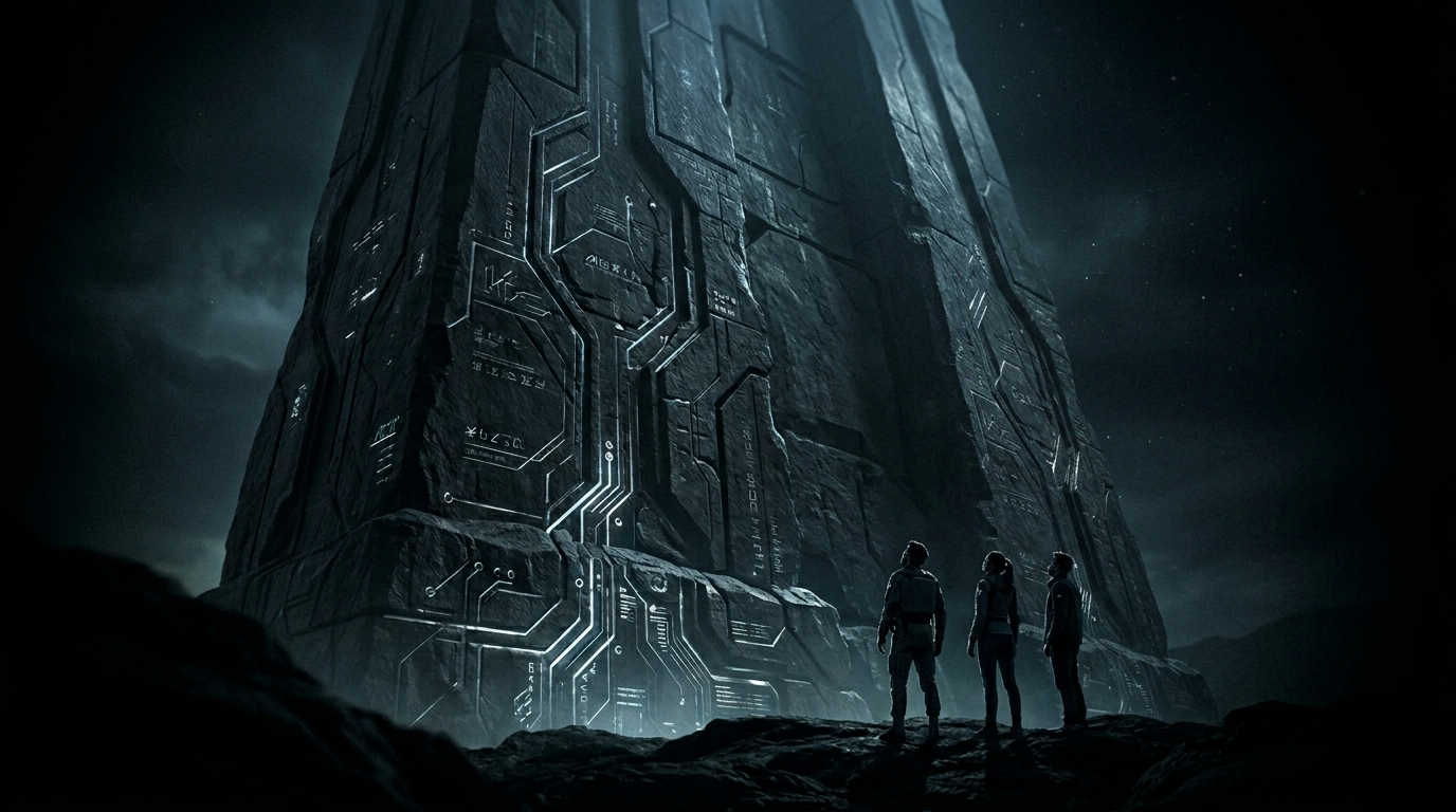 God Object — a towering cube over tiny human figures